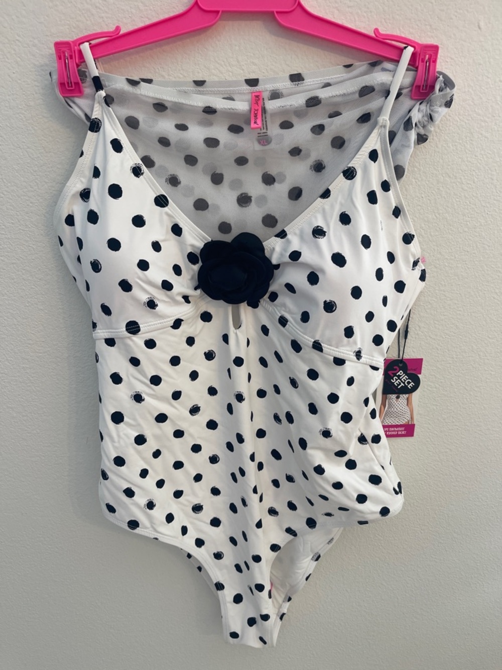 Betsey Johnson White One-Piece with Black Polka Dots and Black Flower XL NWT